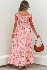 Pink Floral V Neck Smocked High Waist Ruffle Hem Long Dress