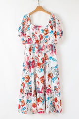 White Floral Puff Sleeve Square-Neck Plus Size Maxi Dress
