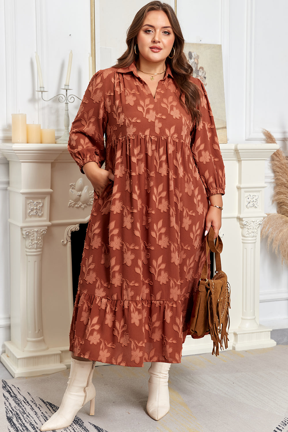 Cinnamon Textured Floral Ruffle-Hem Midi Plus Size Dress