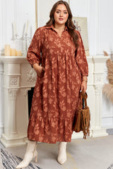 Cinnamon Textured Floral Ruffle-Hem Midi Plus Size Dress