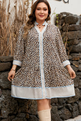 Khaki Leopard Print striped Trim V-Neck Drop Waist Plus Size Mini Dress