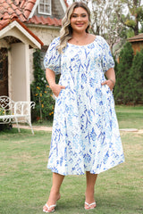 Sky Blue Floral Sweetheart Neck Midi Plus Size Dress