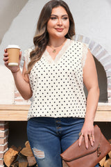 Apricot Polka Dot Lace-Trim V-Neck Sleeveless Plus Size Top