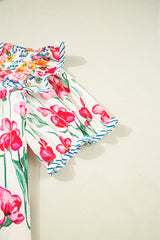 Pink Floral Striped Trim V-Neck Plus Size Blouse