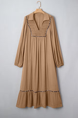 Chestnut Leopard Trim Smocked V-Neck Plus Size Maxi Dress
