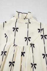 Beige Cute Bowknot Printed Bubble Sleeve V Neck Mini Dress