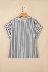 Black Stripe V-Neck Roll-Tab Dolman Sleeve Plus Size Blouse