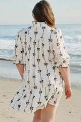 Apricot Bow Print Puff Sleeve Ruffle Mini Plus Size Dress