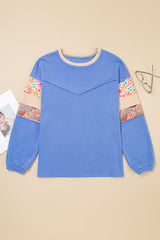 Floral Patchwork Exposed Seam Long Sleeve Plus Size Top