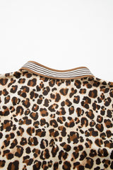 Brown Leopard Print Contrast Striped Long Sleeve Button Mini Dress