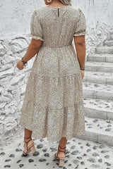 Beige Leopard Print Flared Plus Size Midi Dress
