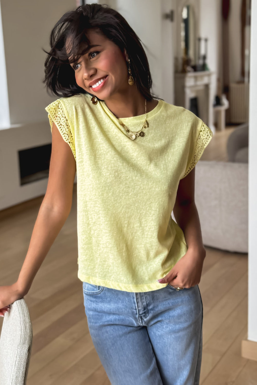 Patchwork Cap Sleeve Round Neck T Shirt