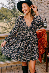 Floral Smocked V Neck Bubble Sleeve Babydoll Mini Dress
