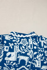 Blue Ricrac Trim Split Neck Floral Loose Mini Dress