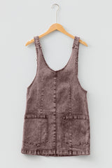 Vintage Washed Brown Denim V-Neck Pinafore Mini Dress