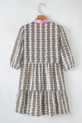 Dark Brown Contrast Floral V Neck Printed Bracelet Sleeve Mini Dress