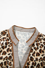 Brown Leopard Print Contrast Striped Long Sleeve Button Mini Dress