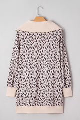 Khaki Leopard Print Zip up Collar Patchwork Shift Mini Dress