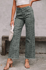 Leopard Frayed Hem Wide-Leg Jeans