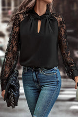 Black Keyhole Neck Floral Lace Raglan Blouse