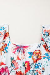 White Floral Puff Sleeve Square-Neck Plus Size Maxi Dress