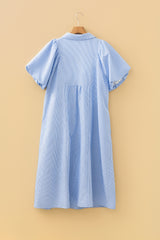 Sky Blue Striped Shirred Collar V-Neck Plus Size Midi Dress