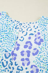 Light Blue Leopard Print V-Neck Plus Size Blouse