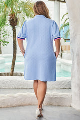 Beau Blue Textured Stripe Collared Plus Size Mini Dress