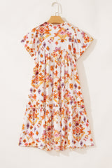 Apricot Floral Geometric Print Ruffled Trim Flutter Sleeve Mini Dress