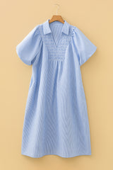 Sky Blue Striped Shirred Collar V-Neck Plus Size Midi Dress
