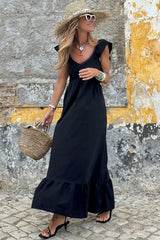 Scoop Neck Flutter Sleeve High Waist Ruffle Maxi Dress