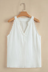 White Textured Lace Trim Pure Cotton Sleeveless Blouse