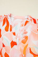 Orange Abstract Print Split Neck Long Sleeve Mini Dress
