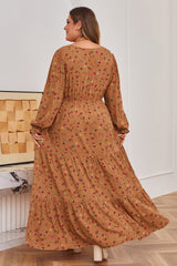 Brown Floral Tiered V-Neck Ruffled Sleeve Plus Size Maxi Dress