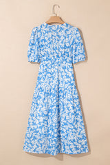 Sky Blue Floral V Neck Puff Short Sleeve Flowy Maxi Dress