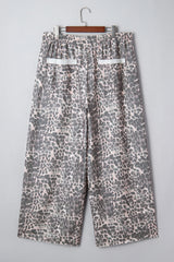 Khaki Leopard Print Raw Edge Patch Pocket Drawstring Plus Size Loose Pants
