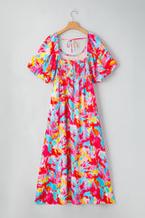 Rose Abstract Print Puff Sleeve Square-Neck Plus Size Maxi Dress