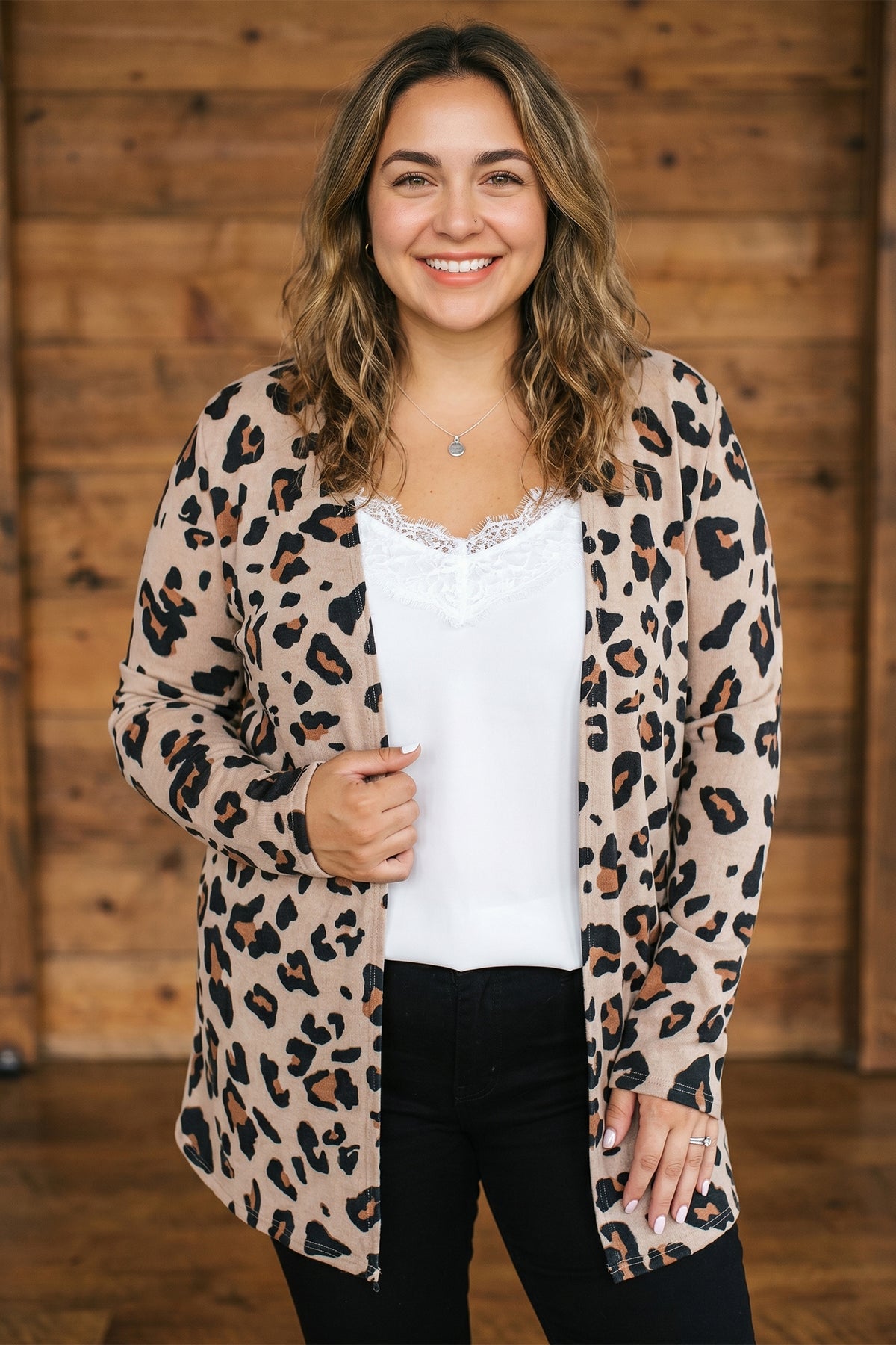 Khaki Leopard Print Long Sleeve V Neck Plus Size Cardigan