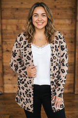 Khaki Leopard Print Long Sleeve V Neck Plus Size Cardigan