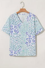 Light Blue Leopard Print V Neck short sleeve Blouse