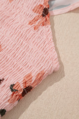 Pink Floral V Neck Smocked High Waist Ruffle Hem Long Dress