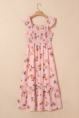 Pink Floral V Neck Smocked High Waist Ruffle Hem Long Dress