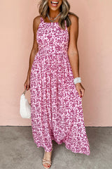 Pink Floral Cutout Back High Waist Sleeveless Maxi Dress