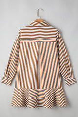 Brown Stripe Ruffled Hem Collared Long Sleeve Mini Dress