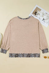 Leopard Patchwork V-Neck Long Sleeve Plus Size Top