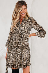 Khaki Leopard 3/4 Sleeve V Neck Swing Mini Dress