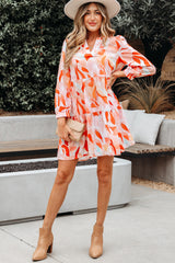 Orange Abstract Print Split Neck Long Sleeve Mini Dress