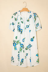 White Floral Puff Sleeve V Neck Plus Size Mini Dress