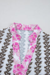 Dark Brown Contrast Floral V Neck Printed Bracelet Sleeve Mini Dress