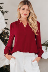 Burgundy Notched Neck Shirred Cuff  Blouse